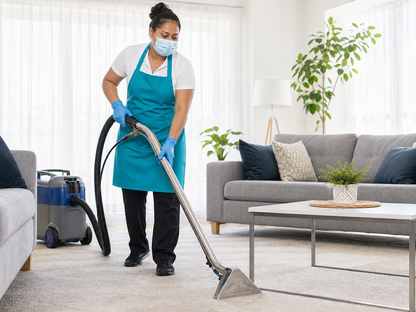 Masked cleaner completing carpet cleaning