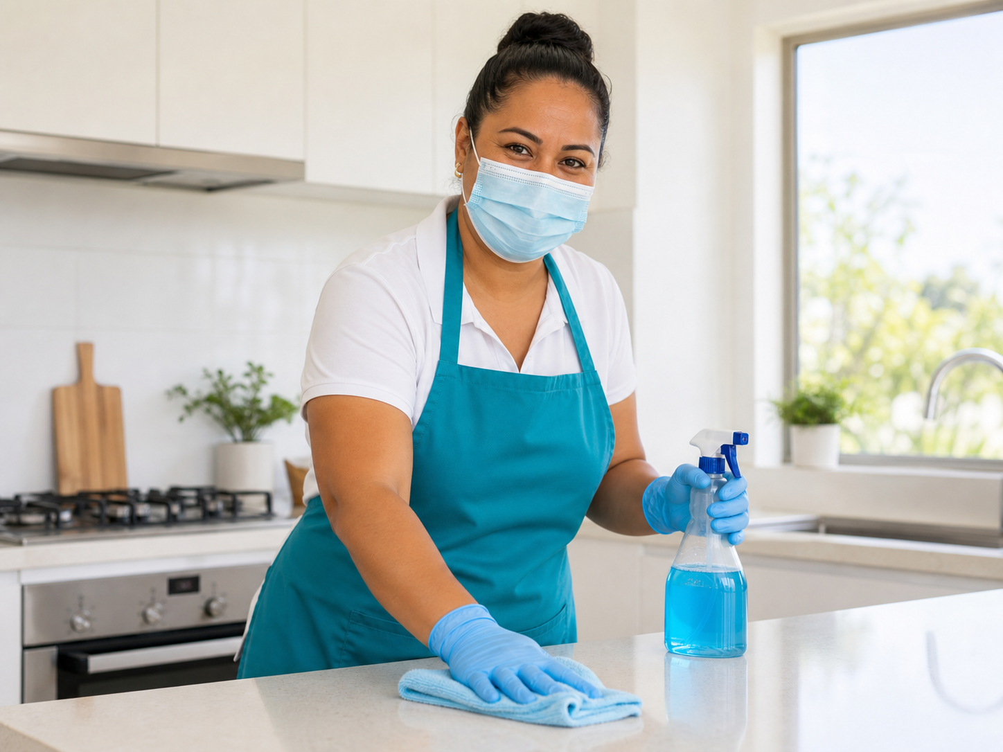 Masked cleaner cleaning a kitchen